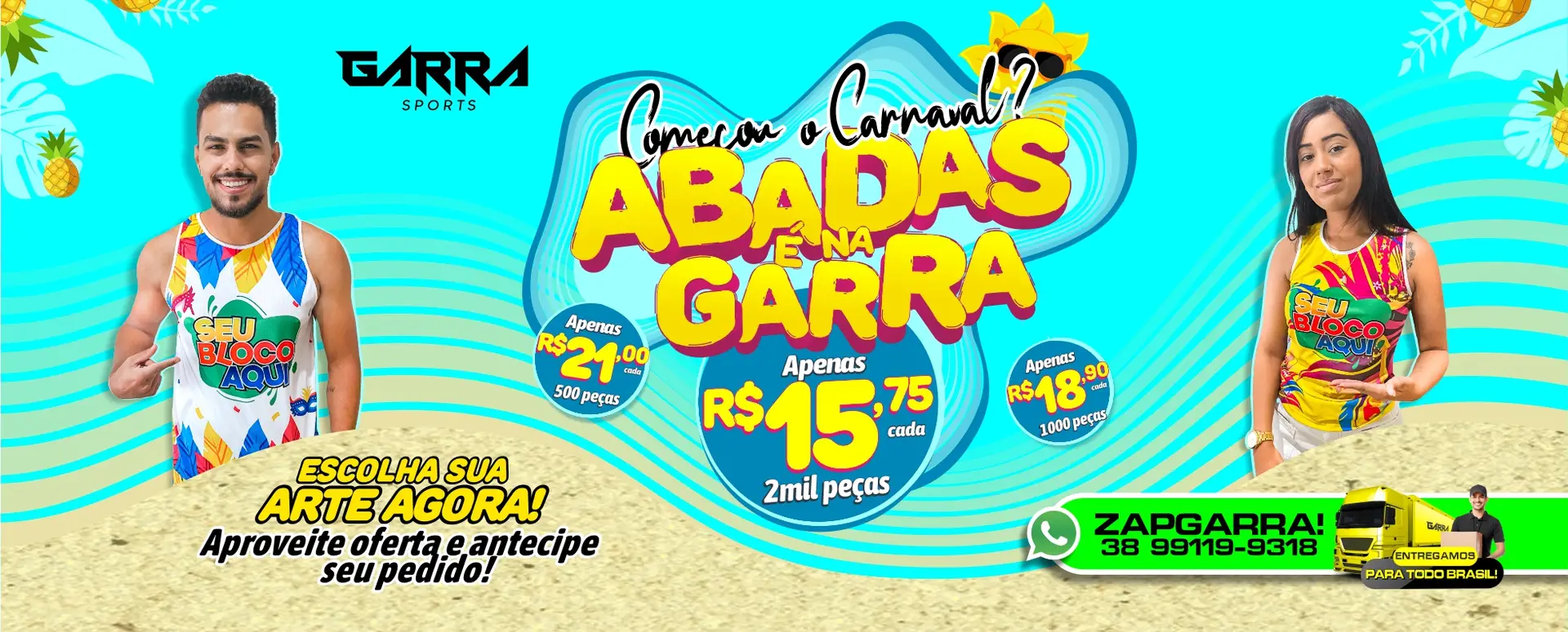 Banner promocional de abadás personalizados da GARRA Sports, destacando melhores preços, variedade de modelos e contato pelo ZapGARRA para pedidos antecipados.